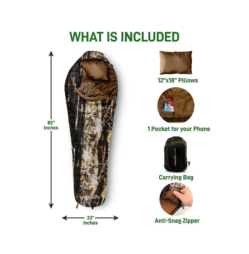 SereneLife Mummy Sleeping Bag With Travel Pillow and Compression Sack