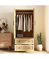 Famapy Wardrobe Freestanding Coat Storage Cabinet with 2-Tier Drawers and Hanging Bar