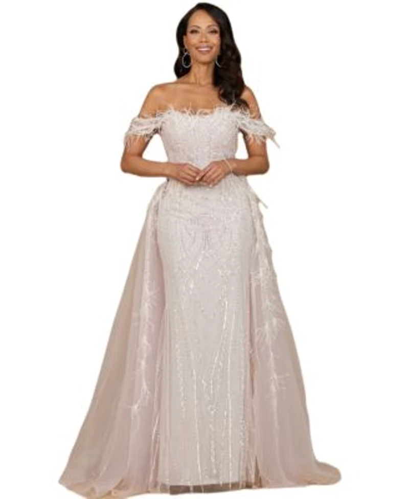 Lara Womens Off Shoulder Gown With Feathers