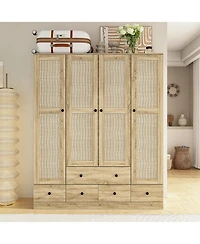 Homsee Brown Wood Grain Rattan Doors Design Armoires Wardrobe with 5-Drawers