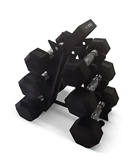 HolaHatha Hexagonal Dumbbell Free Hand Weight Set w/ Rack, 5, 8, & 10 Lbs, Black