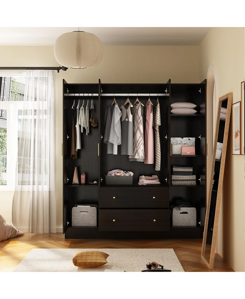 Famapy White 4-Door Armoires with Mirror, 2 Hanging Rods, 2-Drawers