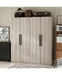 Famapy Grey Wood 4-Door Wardrobe Armoires with Hanging Rod and Storage Shelves