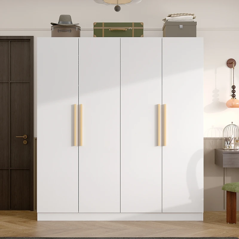 Famapy Grey Wood 4-Door Wardrobe Armoires with Hanging Rod and Storage Shelves