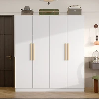 Famapy Grey Wood 4-Door Wardrobe Armoires with Hanging Rod and Storage Shelves