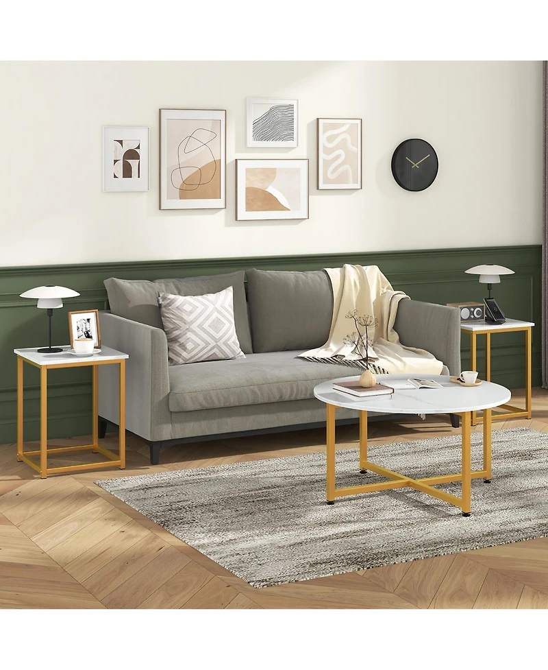Gymax Round Nesting Table Set of 3 Modern/Farmhouse Coffee w/2 End Tables Walnut & Black