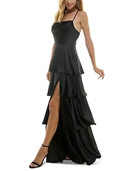 City Studios Juniors' Cowlneck Tiered Slit-Front Gown