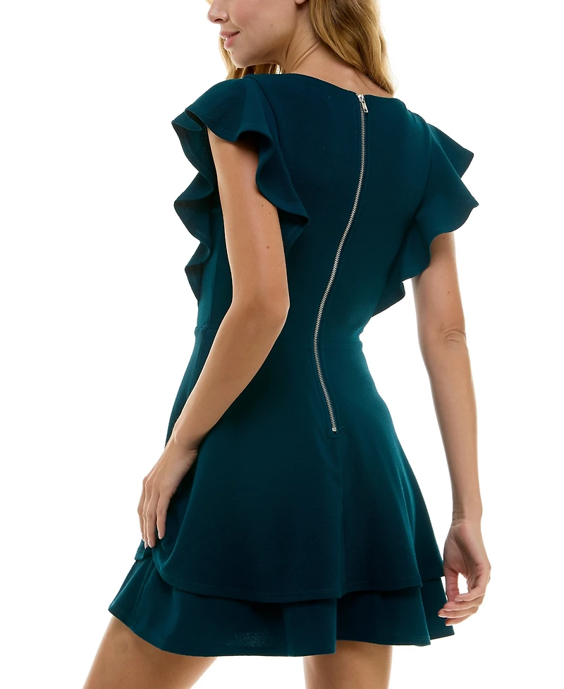 Crystal Doll Juniors' Ruffle-Sleeve Fit & Flare Dress
