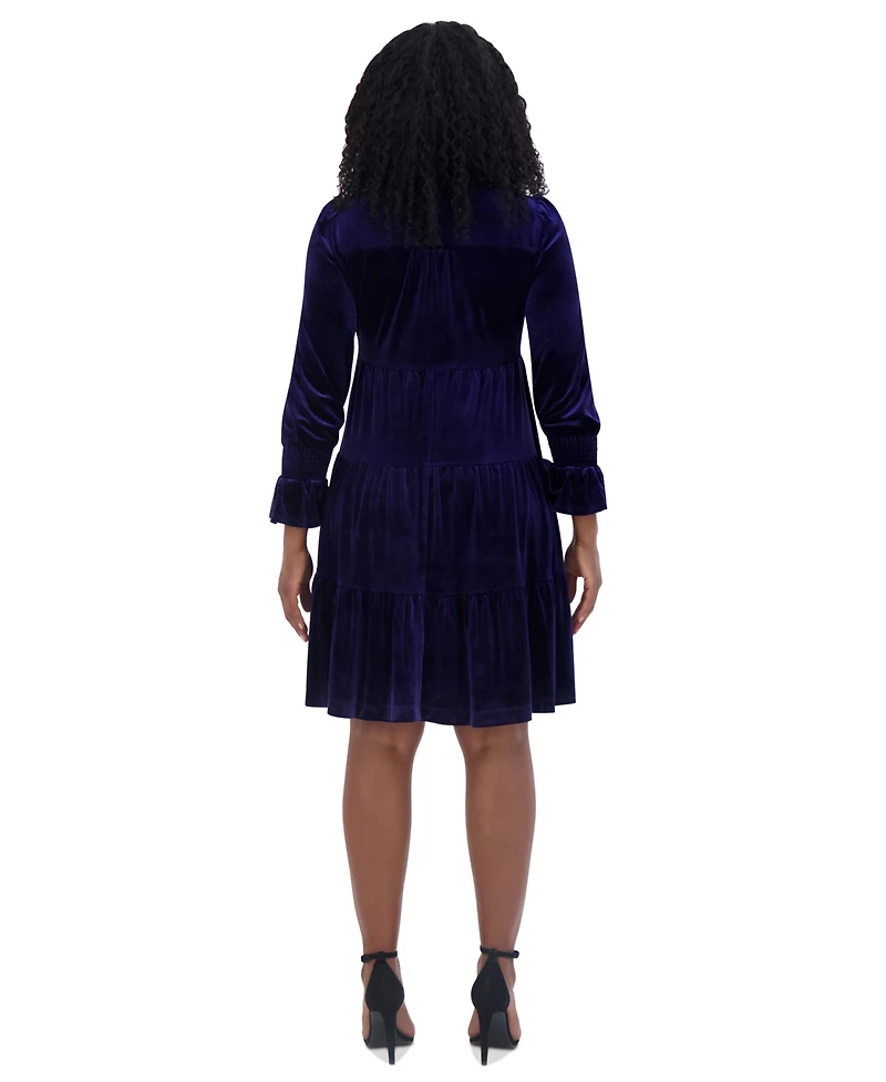 Jessica Howard Women's Velvet Smocked-Sleeve Flounce-Hem Dress