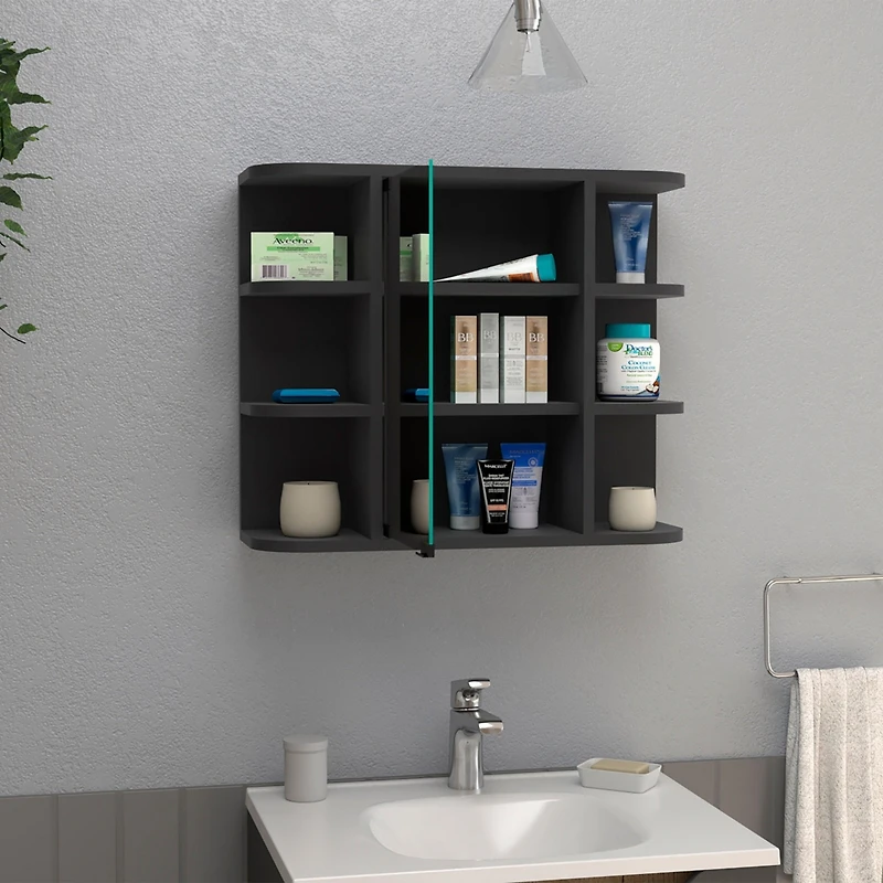 Roma Mirrored Medicine Cabinet, Six External Shelves, Three Interior Shelves, Black