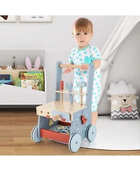 Costway 2-in-1 Wooden Baby Push Walker with Multi-Activity Center & Bottom Storage Toys