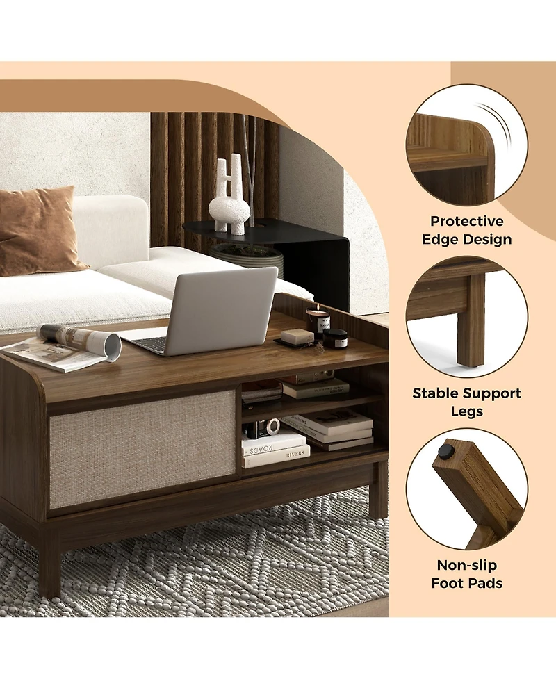 Gymax Rectangular Coffee Table w/ Storage Weaving Sliding Door & Adjustable Shelf