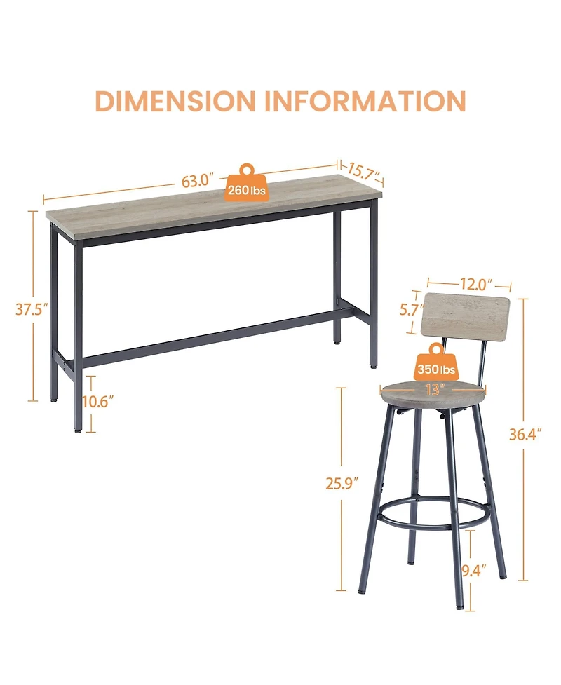 Long Bar Table Set with 3 Pu Leather Upholstered Stools for Stylish Dining