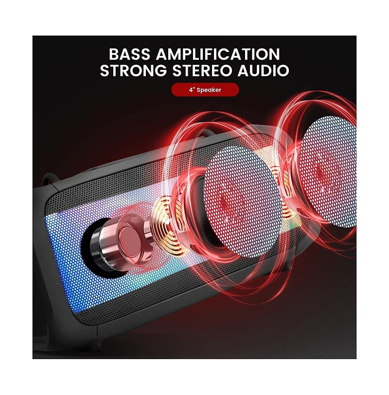 Pyle Wireless Bluetooth BoomBox Stereo Speaker System with Full Panel Led Lights, Fm Radio, and Microphone Input