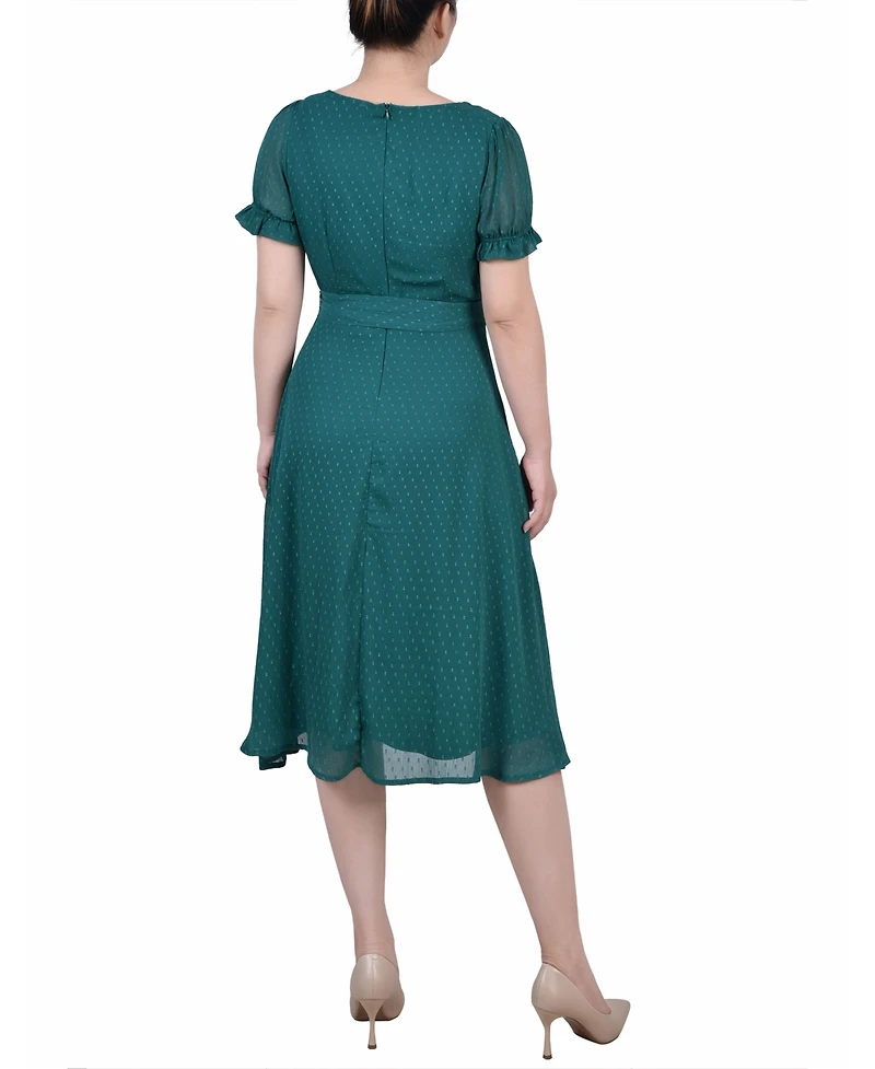 Ny Collection Women's Short Sleeve Belted Swiss Dot Dress