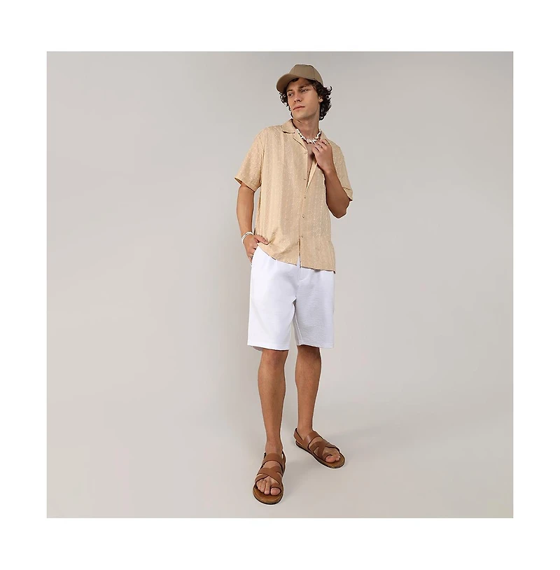 Men's Beige Embroidered Geometric Shirt