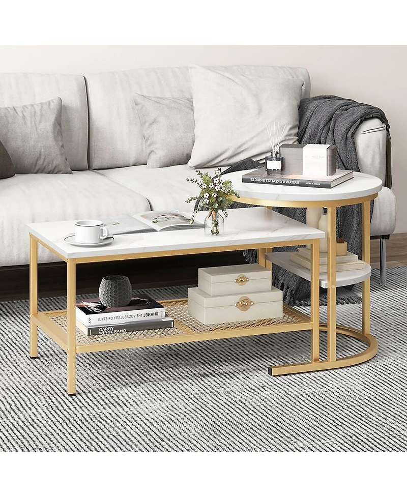 Gymax Nesting Coffee Table Set of 2 Faux Marble Top Detachable w/ Storage Shelf Gold