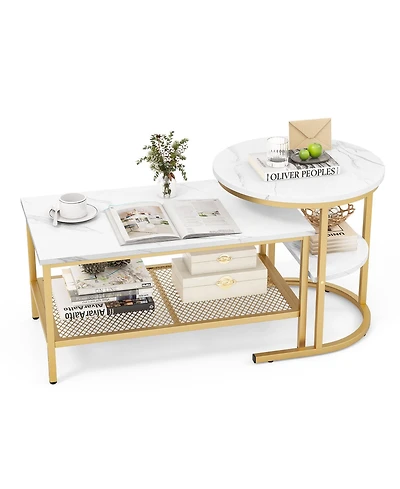 Gymax Nesting Coffee Table Set of 2 Faux Marble Top Detachable w/ Storage Shelf Gold
