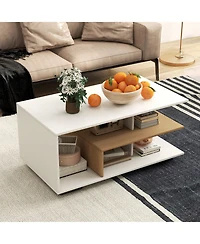 Gymax Geometric Coffee Table w/ Storage Shelves 3-Tier Rectangular Tea Rustic Brown