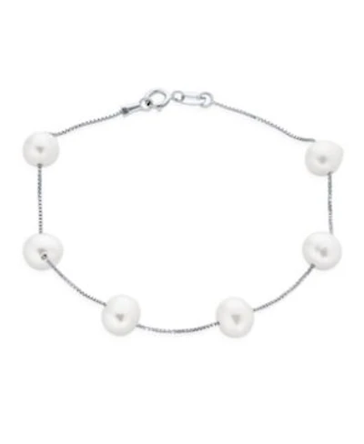 Bling Jewelry Tin Cup White Freshwater Cultured 7MM Pearl Chain Station Pearls Bracelet .925 Sterling Silver
