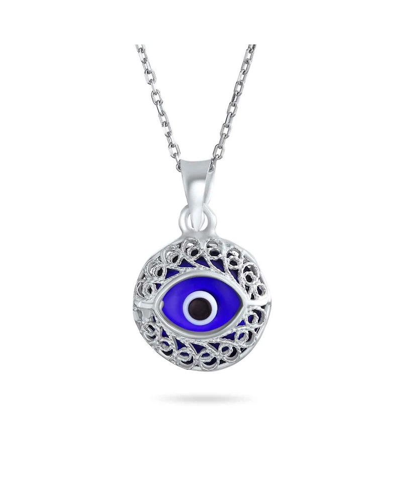 Bling Jewelry Spiritual Protection Amulet Round Circle Moving Floating Blue Evil Eye Filigree Charm Pendant Necklace Sterling Silver