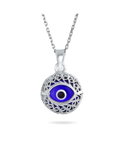 Bling Jewelry Spiritual Protection Amulet Round Circle Moving Floating Blue Evil Eye Filigree Charm Pendant Necklace Sterling Silver