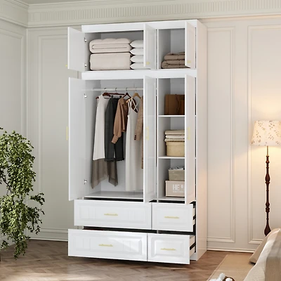 Famapy White 6-Door Big Wardrobe Armoires with Hanging Rod, 4-Drawers
