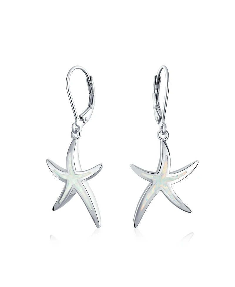 Bling Jewelry Nautical Aquatic Tropical Beach Vacation Iridescent Created Opal Inlay Starfish Dangle Drop Lever back Earrings Sterling Silver