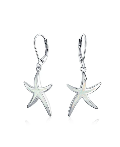 Bling Jewelry Nautical Aquatic Tropical Beach Vacation Iridescent Created Opal Inlay Starfish Dangle Drop Lever back Earrings Sterling Silver