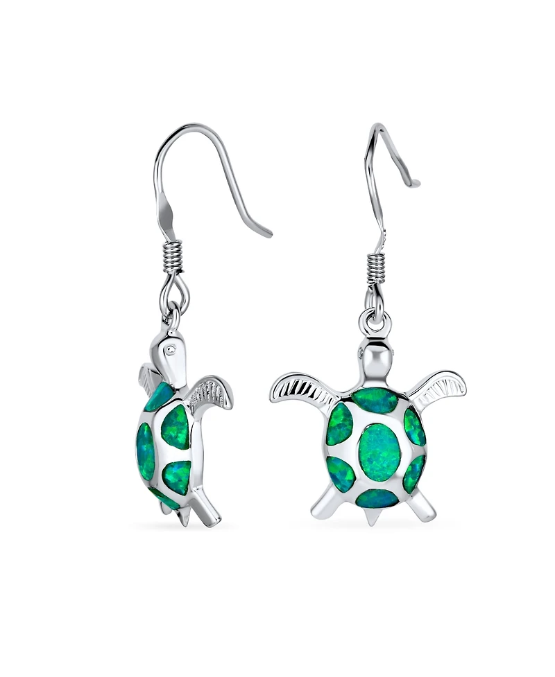 Bling Jewelry Nautical Iridescent Green Blue Created Opal Inlay Sea Tortoise Turtle Dangle Drop Earrings Sterling Silver Fish Hook