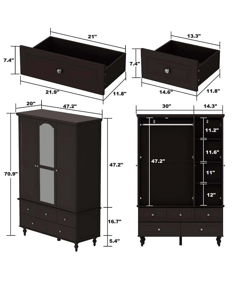 Famapy Brown Paint Big Wardrobe Armoires With Mirror,Drawers,Shelves