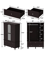 Famapy Brown Paint Big Wardrobe Armoires With Mirror,Drawers,Shelves