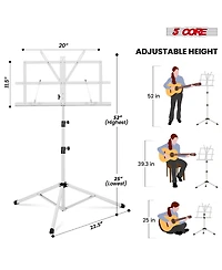 5 Core Music Stand For Sheet Music Portable Tripod Adjustable Folding Note Holder - Blue Higher Version with Light