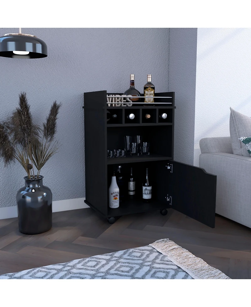 Sims Coffee & Bar Cart 35" H , 4 wheels, Division for bottles, Central Shelf, Drawer with Openwork Door Handle