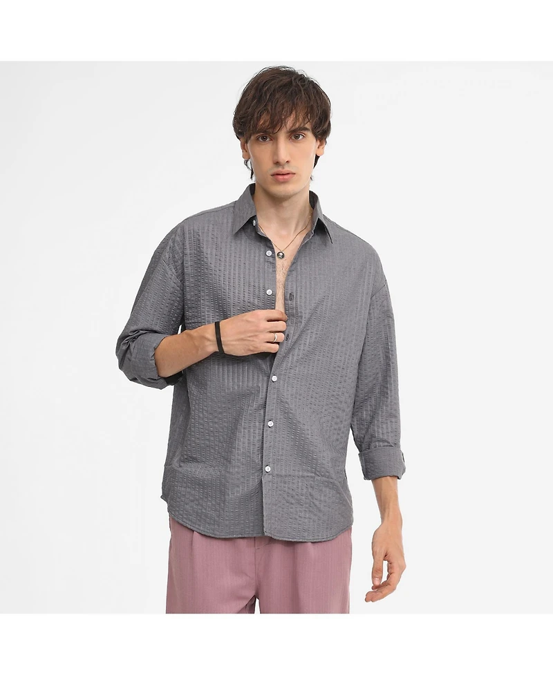 Campus Sutra Men's Moon Grey Seersucker Shirt