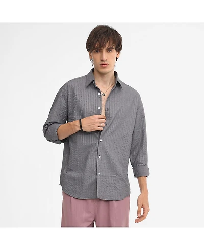 Campus Sutra Men's Moon Grey Seersucker Shirt