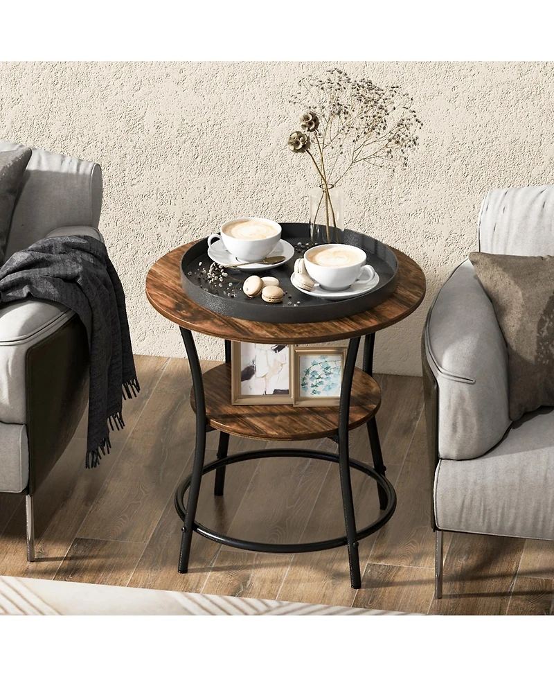 Gymax 2-Tier Side Table Compact Round Metal Frame Coffee w/ Open Shelf Brown