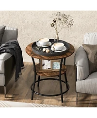 Gymax 2-Tier Side Table Compact Round Metal Frame Coffee w/ Open Shelf Brown