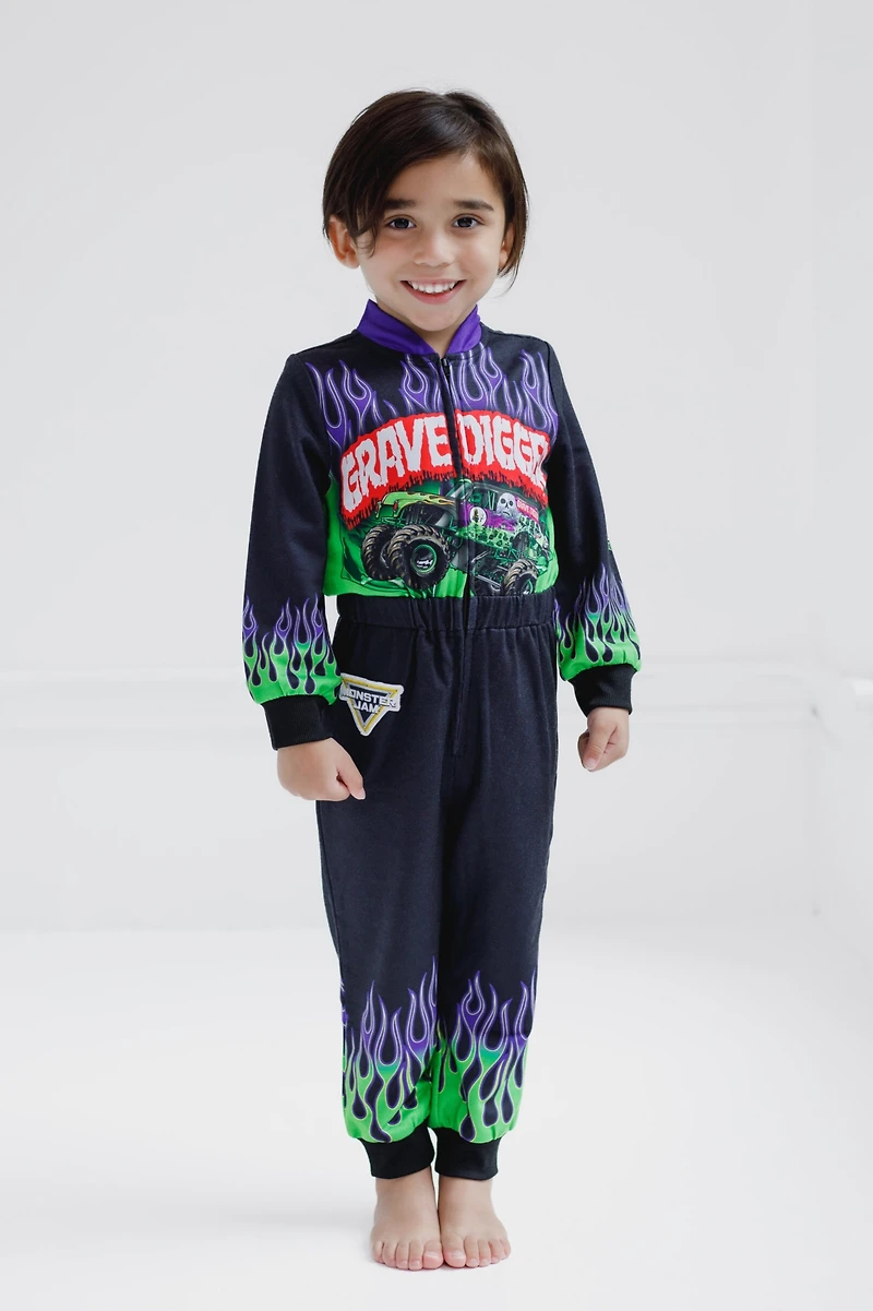 Monster Jam Boys Grave Digger French Terry Racing Zip Up Coverall to
