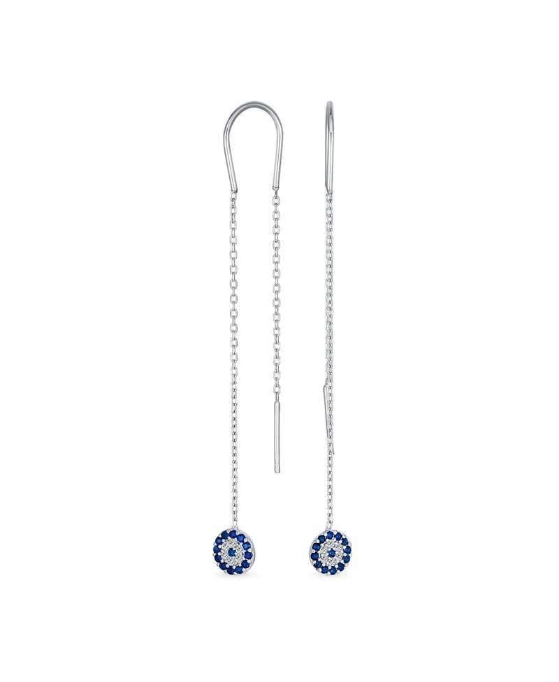Bling Jewelry Blue Nazar Evil Eye Cubic Zirconia Pave Cz Spiritual Thin Chain Threader Earrings .925 Sterling Silver