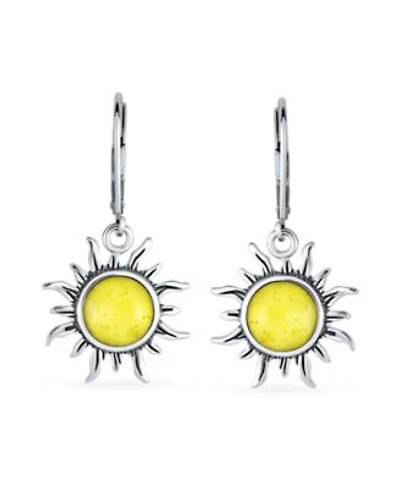 Bling Jewelry Tropical Honeymoon Vacation Beach Sun Rise Lemon Yellow Natural Amber Round Sunburst Dangle Drop Earrings For Women Lever Back Oxidized .925 Sterling Silver