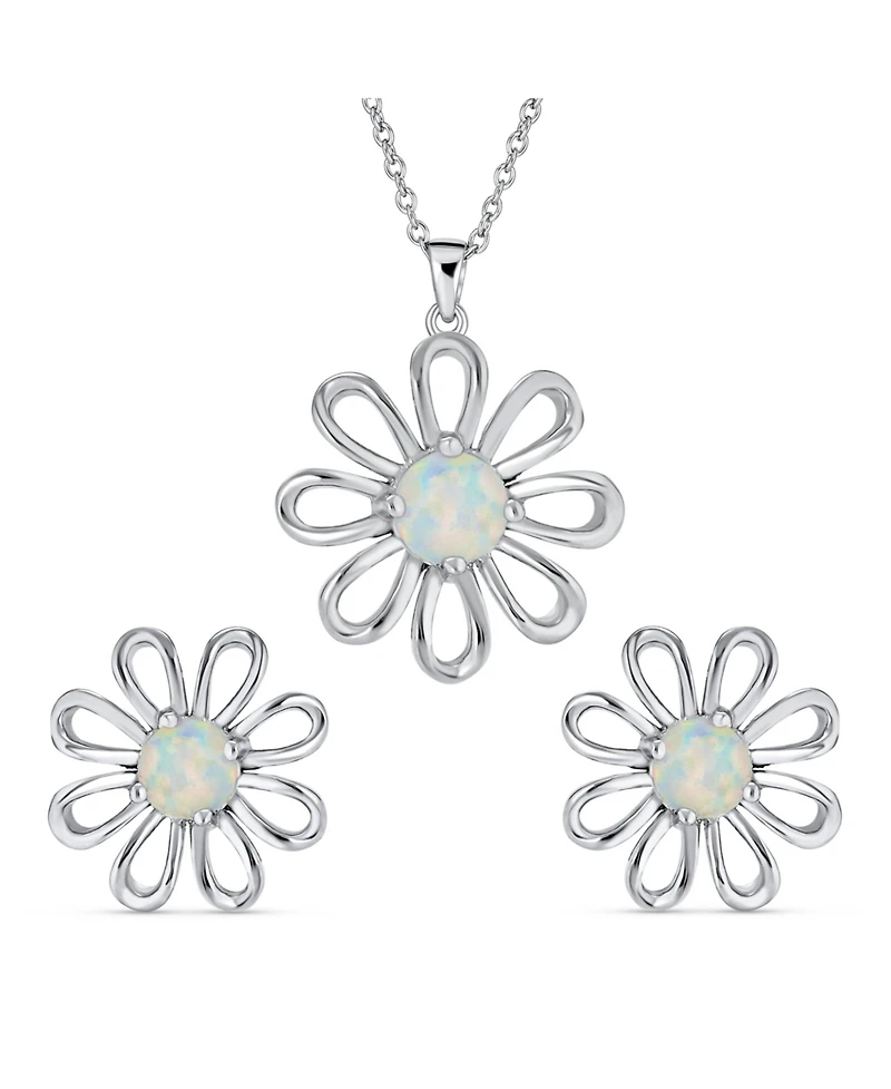 Bling Jewelry Daisy Flower White Created Opal Pendant Necklace & Earrings Set Sterling Silver