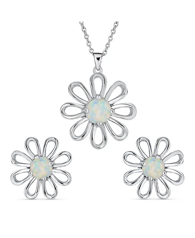 Bling Jewelry Daisy Flower White Created Opal Pendant Necklace & Earrings Set Sterling Silver