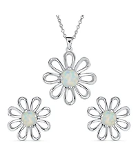 Bling Jewelry Daisy Flower White Created Opal Pendant Necklace & Earrings Set Sterling Silver