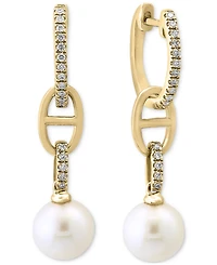 Effy Cultured Freshwater Pearl (7mm) & Diamond (1/8 ct. t.w.) Mariner Link Drop Earrings in 14k Gold