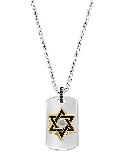 Effy Men's Black Spinel Star of David Dog Tag 22" Pendant Necklace (1/10 ct. t.w.) in Sterling Silver & Gold-Plate