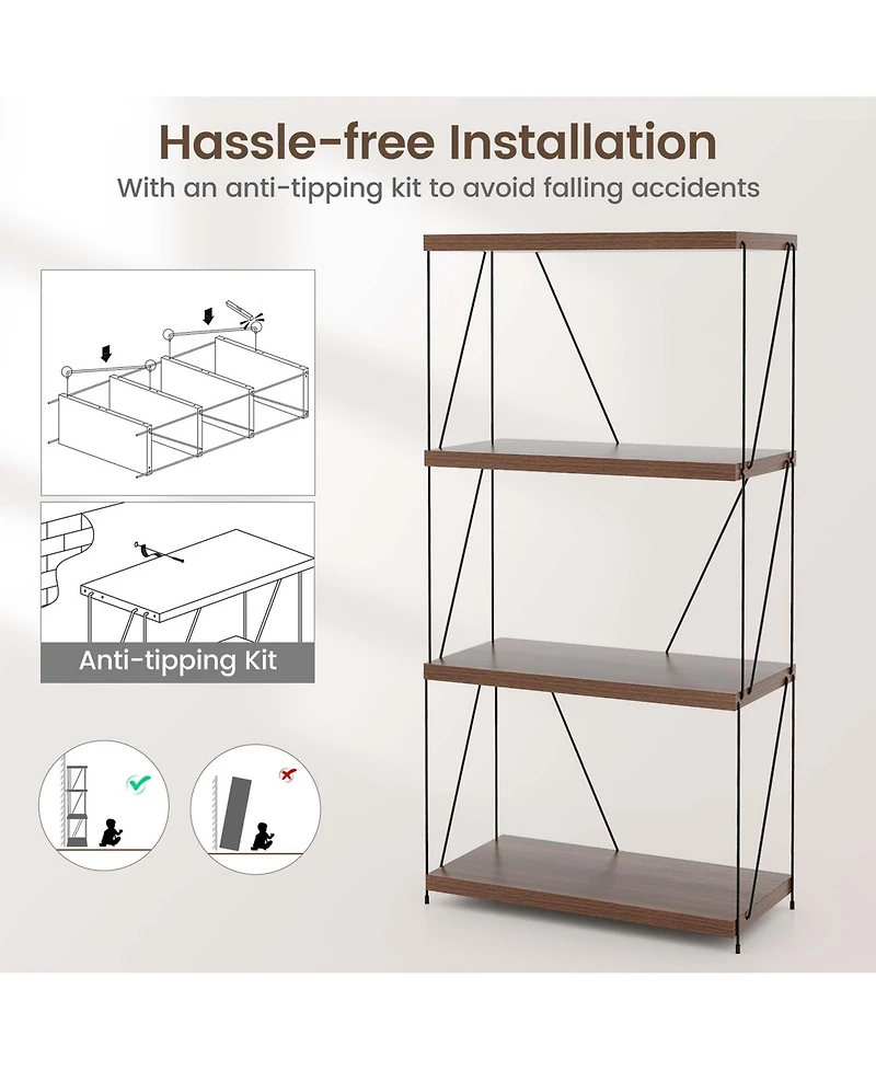 2 Pcs 4-Tier Multipurpose Display Rack Freestanding Bookcase with Metal Frame