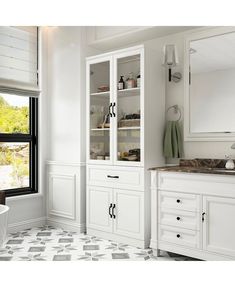 Famapy 4-Shelf White Wood Standard Bookcase With Doors, Cabinet, Drawer