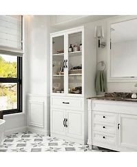 Famapy 4-Shelf White Wood Standard Bookcase With Doors, Cabinet, Drawer