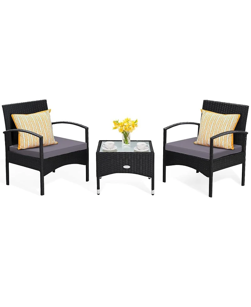 Sugift 3 Pieces Patio Wicker Rattan Furniture Set with Cushion for Lawn Backyard